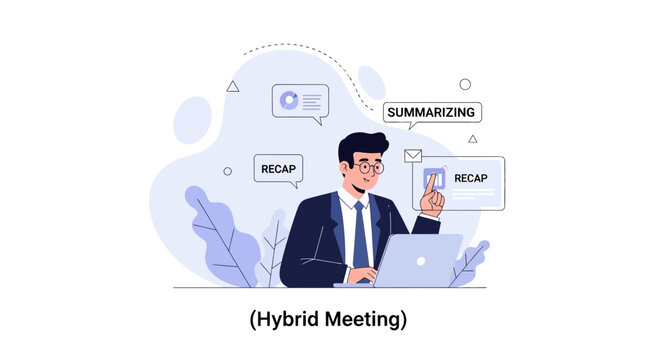 Business professional summarizing meeting points on laptop, hybrid collaboration concept vector illustration