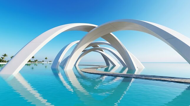 Modern architectural arches rising from serene turquoise water with clear blue sky reflection