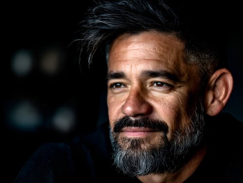 Close up portrait of a middle-aged man with salt and pepper beard and mustache looking to the side