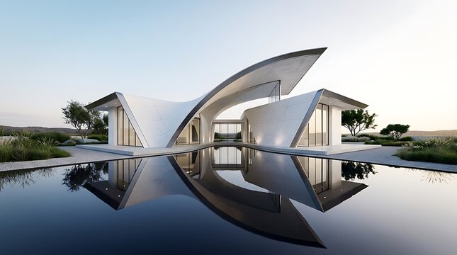 Modern architectural with flowing rooflines reflected in tranquil water during golden hour