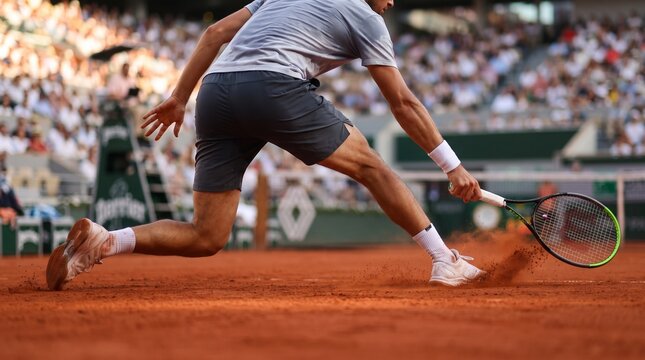 Tennis player lunging for a forehand shot on clay court during a match.