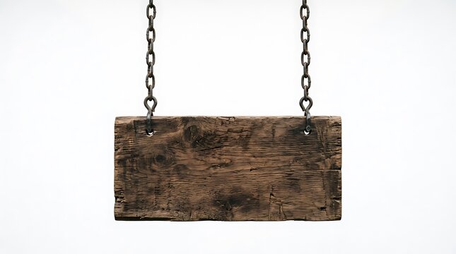 Rustic wooden sign hanging on metal chains isolated on white background.