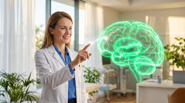 Smiling female neurosurgeon examining a glowing green 3D holographic brain model using advanced medical technology in a modern clinic office