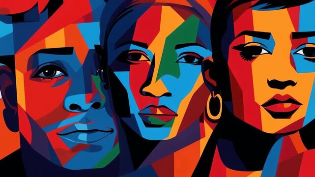 Vibrant, abstract portrait video concept with bold geometric shapes and vivid colors. Front-facing angle captures diverse expressions. Live desktop wallpaper.