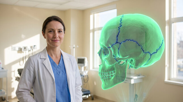 Portrait of a confident female doctor with a futuristic green holographic human skull projection in a modern hospital clinic for neurosurgery