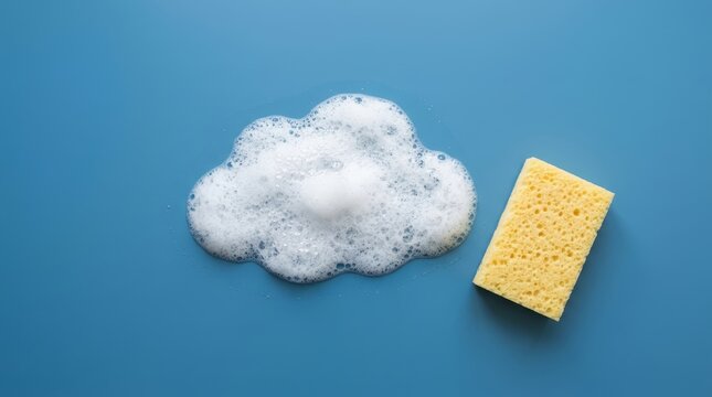 Yellow cleaning sponge with white soap bubbles on blue background for household