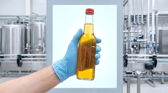 Gloved hand inspecting glass bottle of golden beverage against light panel