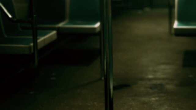 A subway train is empty during the evening time. The interior is dimly lit, showing seats on either side. The floor has a shiny appearance from lights above.