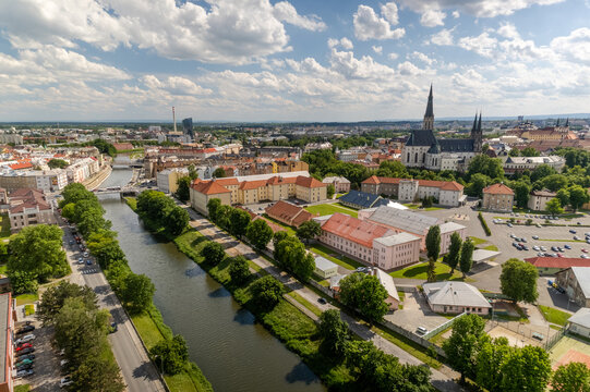 Aerial view of St. Wenceslas Cathedral and the surrounding historic city center with the Morava River flowing through Olomouc, Czech Republic.