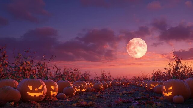 Aerial view of a pumpkin field at dusk with a full moon, perfect for a Halloween video. Live desktop wallpaper.
