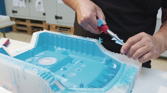 Craftsman trimming excess plastic material from blue industrial mold piece using manual cutting tools in workshop.