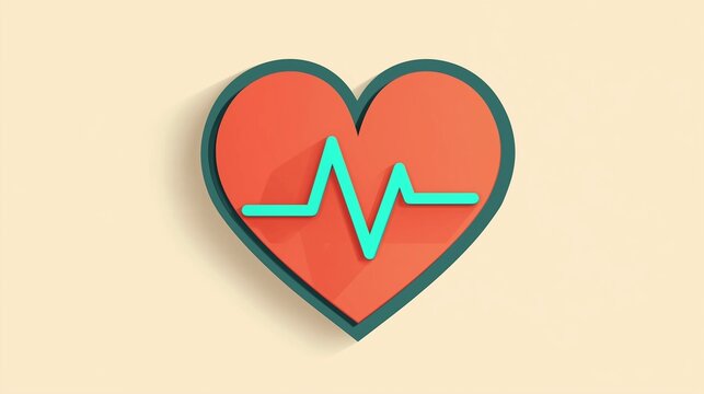 Red 3D Heart with Turquoise ECG Waveform on Beige Background