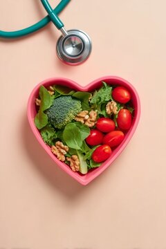 Heart Shaped Salad Bowl with Fresh Vegetables and Stethoscope on Peach Background
