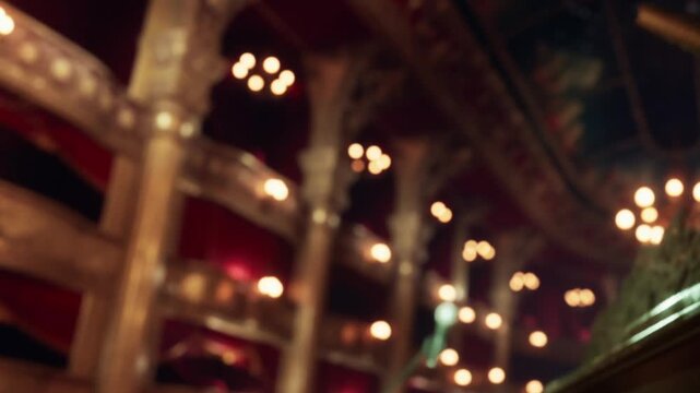 A large crowd is seated and watching a performance in a historic theater. The stage is illuminated with bright lights. The environment is lively with decorations throughout.