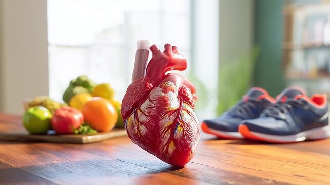 Anatomical human heart with fresh fruit and running shoes for healthy living