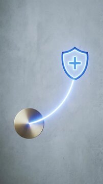 Healthcare Insurance Shield Protection with Metallic Security Button, Glowing Connection, Medical Coverage, Financial Safety, and Blue Light Surface