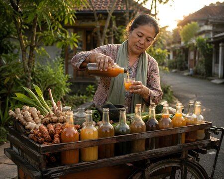 Traditional Indonesian Jamu Seller Preparing Herbal Drinks