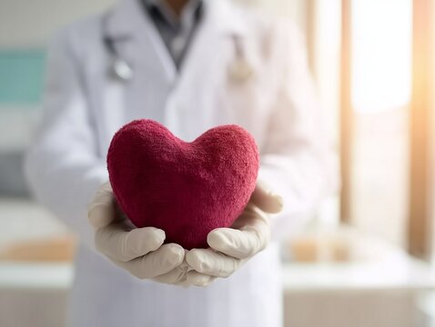 Doctor Holding Red Plush Heart for Cardiac Care and Health Awareness