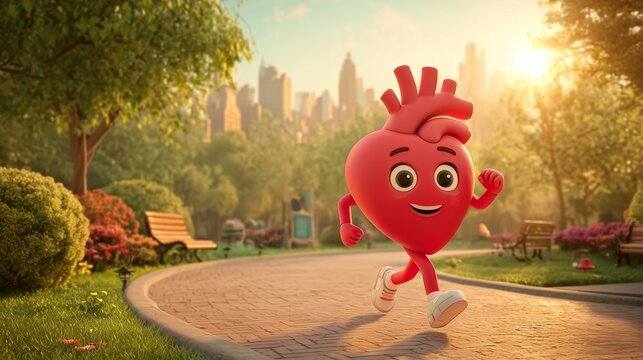 Smiling cartoon heart character jogging in a sunny urban park