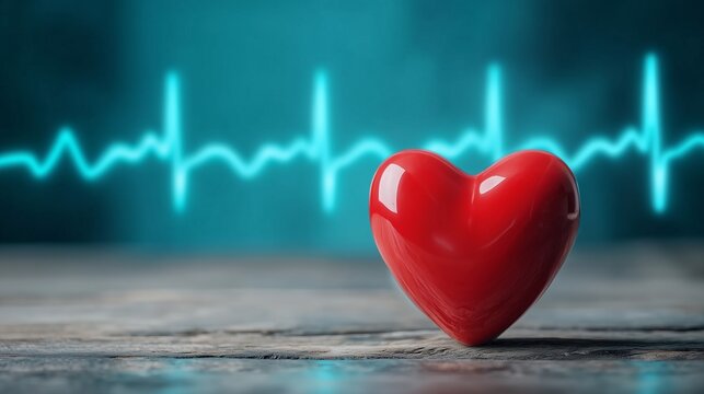 Red Heart Symbol with Glowing ECG Pulse Line on Teal Medical Background
