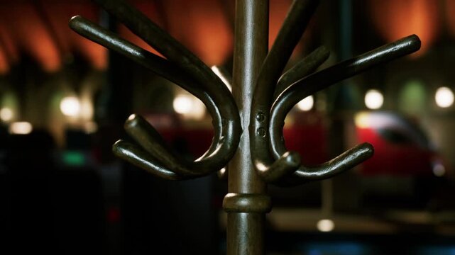 A metal coat rack is centered in the foreground. The background shows a room with warm lighting and blurred shapes suggesting furniture and decorations. It is evening time.