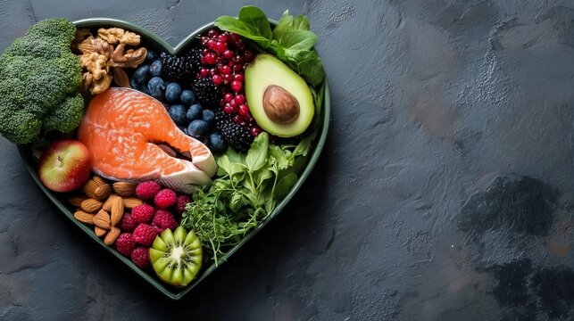 Heart shaped bowl of salmon, avocado, berries, nuts and vegetables on dark background
