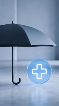 Insurance Healthcare Umbrella Medical Symbol Protection Safety Coverage Concept, Dark Umbrella Beside Glowing Cross in Modern Indoor Interior Settings