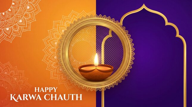 Happy karwa chauth greeting card with traditional diya lamp and mandala patterns