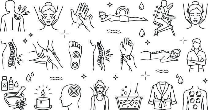 Massage therapy and chiropractic wellness vector icon set featuring physiotherapist treatment spa relaxation