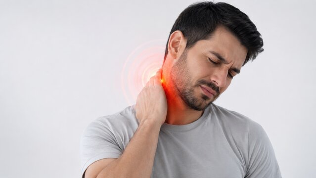Man massaging his sore neck suffering from stiffness and cervical spine pain with red glowing wave.