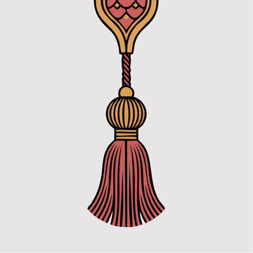 A decorative red tassel hangs against a neutral background in this detailed illustration.