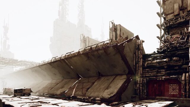 A scene shows large industrial buildings in a futuristic setting. The area is well lit, and there are various pipes and structures visible. Dust is present in the air, creating a hazy effect.