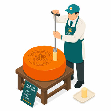 Isometric illustration of a professional cheese specialist using a cheese trier tool to sample a large orange wheel of premium 12-month aged Gouda cheese for quality assessment.