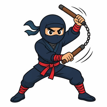Vector illustration of a cartoon ninja in a dynamic action pose holding nunchaku weapons, wearing a blue shinobi outfit with red belts and wraps, isolated on a white background.
