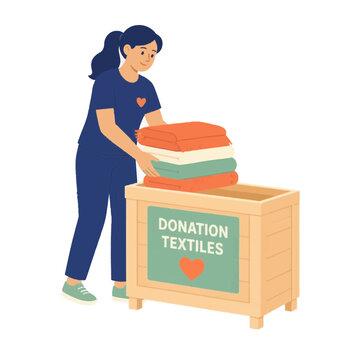 Female volunteer in blue uniform placing a stack of folded colorful blankets into a wooden donation crate labeled Donation Textiles with heart icon for social charity work vector.