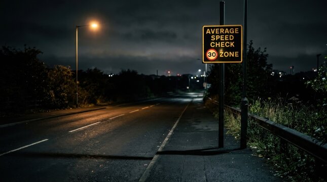 Average Speed Camera Zone At Night On Dark Road