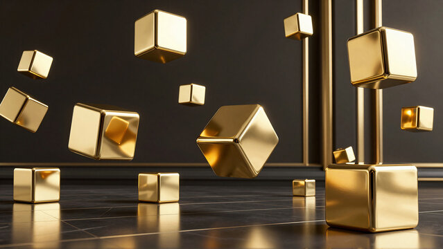 Golden Cubes Floating in Abstract Dark Space