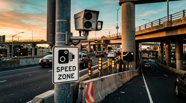 Automated Speed Enforcement Safety Camera On Busy City Highway Overseeing Traffic Flow At Sunset