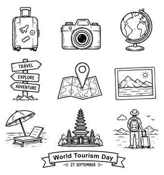 World Tourism Day Travel And Vacation Hand Drawn Doodle Vector Set