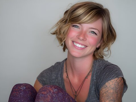 Happy young woman with blonde hair and freckles smiling brightly with blue eyes and a tattooed arm