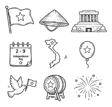 Vietnam Independence Day Hand Drawn Doodle Vector Illustration Icon Set
