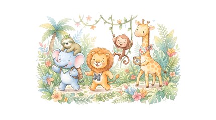 Fototapeta premium A cheerful watercolor illustration of jungle animals gathered together in a lively tropical setting, perfect for children’s themes.
