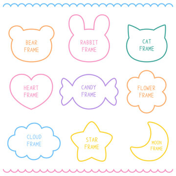 かわいいフレームのベクターイラストセット。くま、うさぎ、ハート、星、枠
