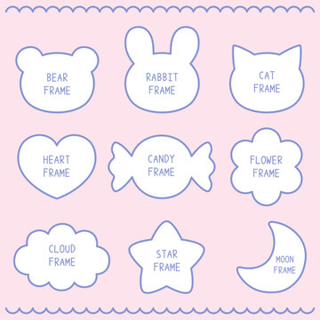 かわいいフレームのベクターイラストセット。くま、うさぎ、ハート、星、枠