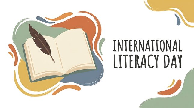 International literacy day celebration banner with an open book and a vintage quill pen illustration