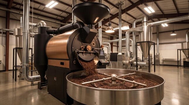 Industrial coffee bean roaster machine working inside a modern roasting factory