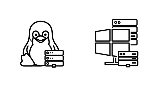 Linux operating system penguin mascot and server rack management icons