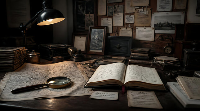 Vintage study desk with open book and magnifying glass under warm lamp light.