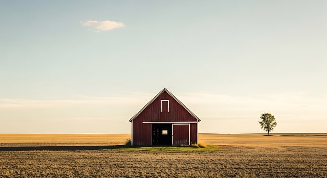 A solitary red wooden barn standing in a vast harvested golden wheat field