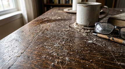 Fototapeta premium Dust was scattered about, settling on the table.